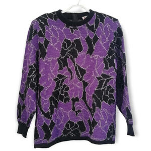 Vintage 80s D'Allairds Purple and Black Knit Metallic Floral Sweater Small
